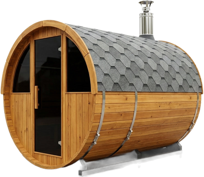 Outdoor Barrel Sauna Built for Authentic Finnish Experience, Premium Cedar Wood, Wood Burning Stove, 6-Person