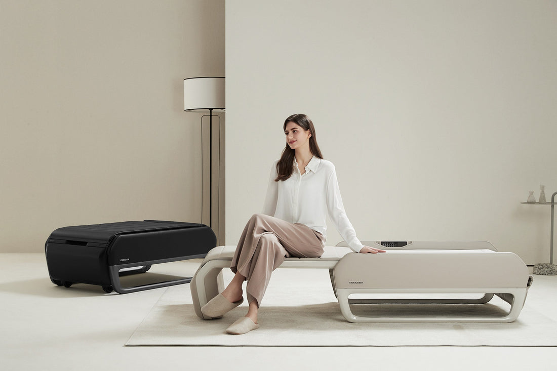 Ceragem Master V7 thermal massage beds, one open and one folded, in a living room