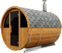 Outdoor Barrel Sauna Built for Authentic Finnish Experience, Premium Cedar Wood, Wood Burning Stove, 6-Person