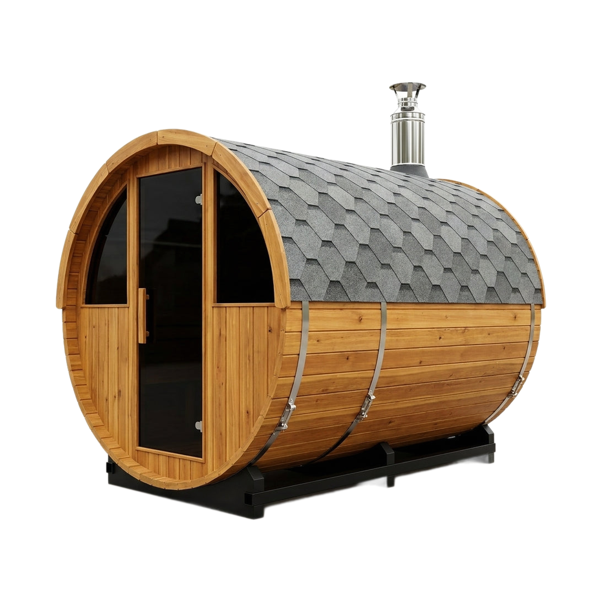 Outdoor cedar barrel sauna with wood-burning stove