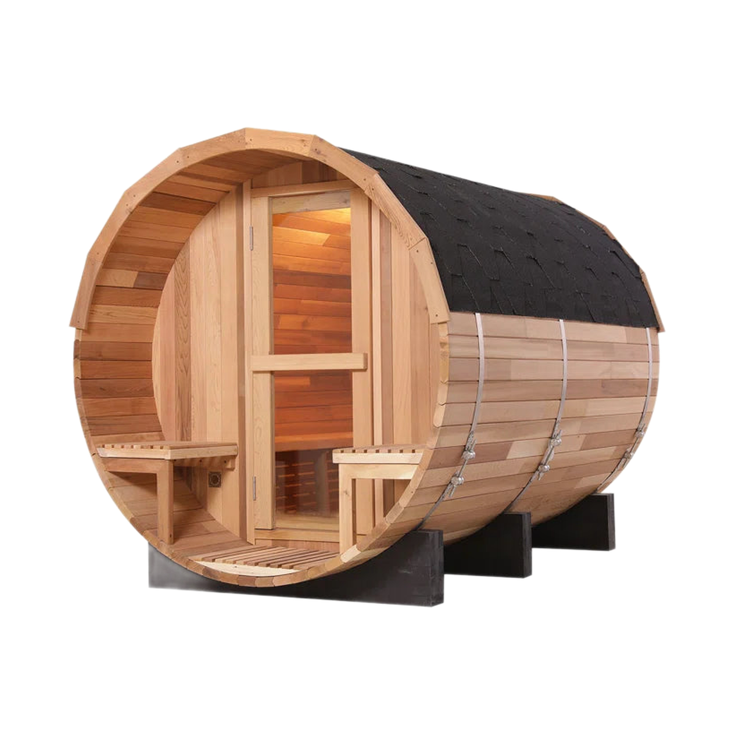 Six-person red cedar traditional steam barrel sauna