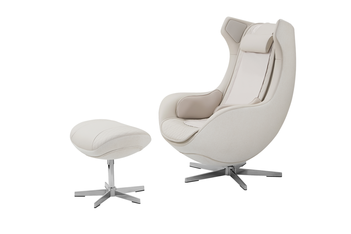 Ceragem Pause M4 massage chair in oatmeal beige with footstool