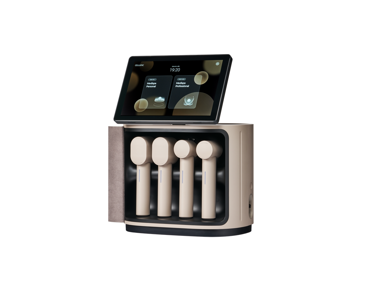 Ceragem MediSpa Pro station open with four handpieces